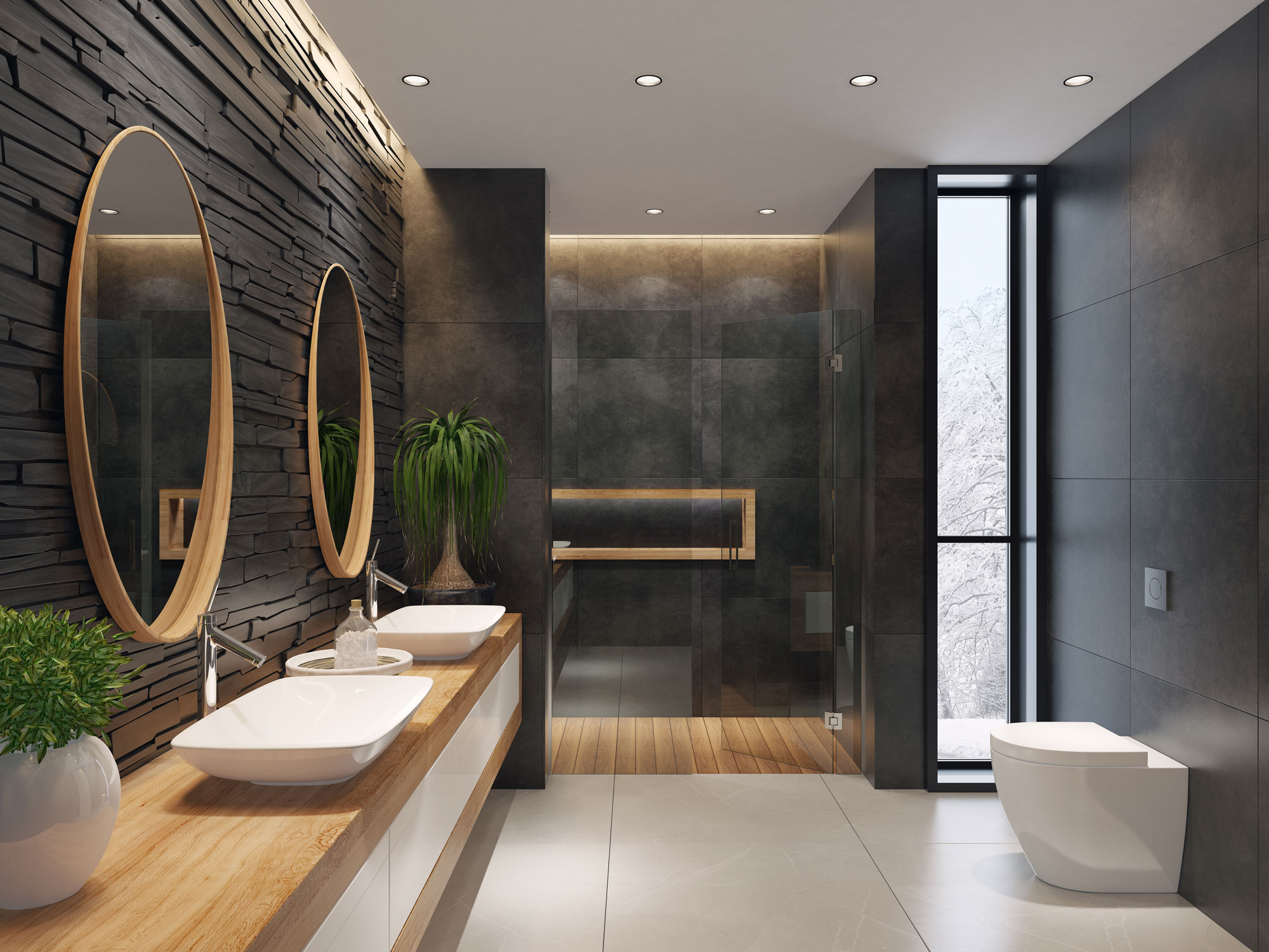 Lyxigt minimalistiskt badrum med skiffer svart sten vägg